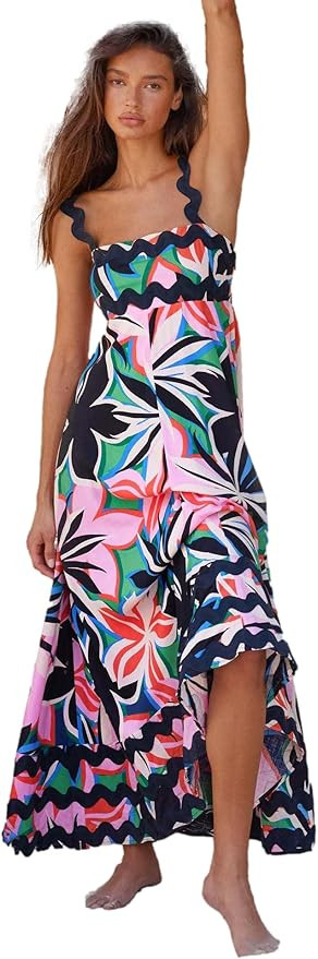 Women Spaghetti A-line Striped Dresses Summer Boho Square Neck Midi Dress | Amazon (US)