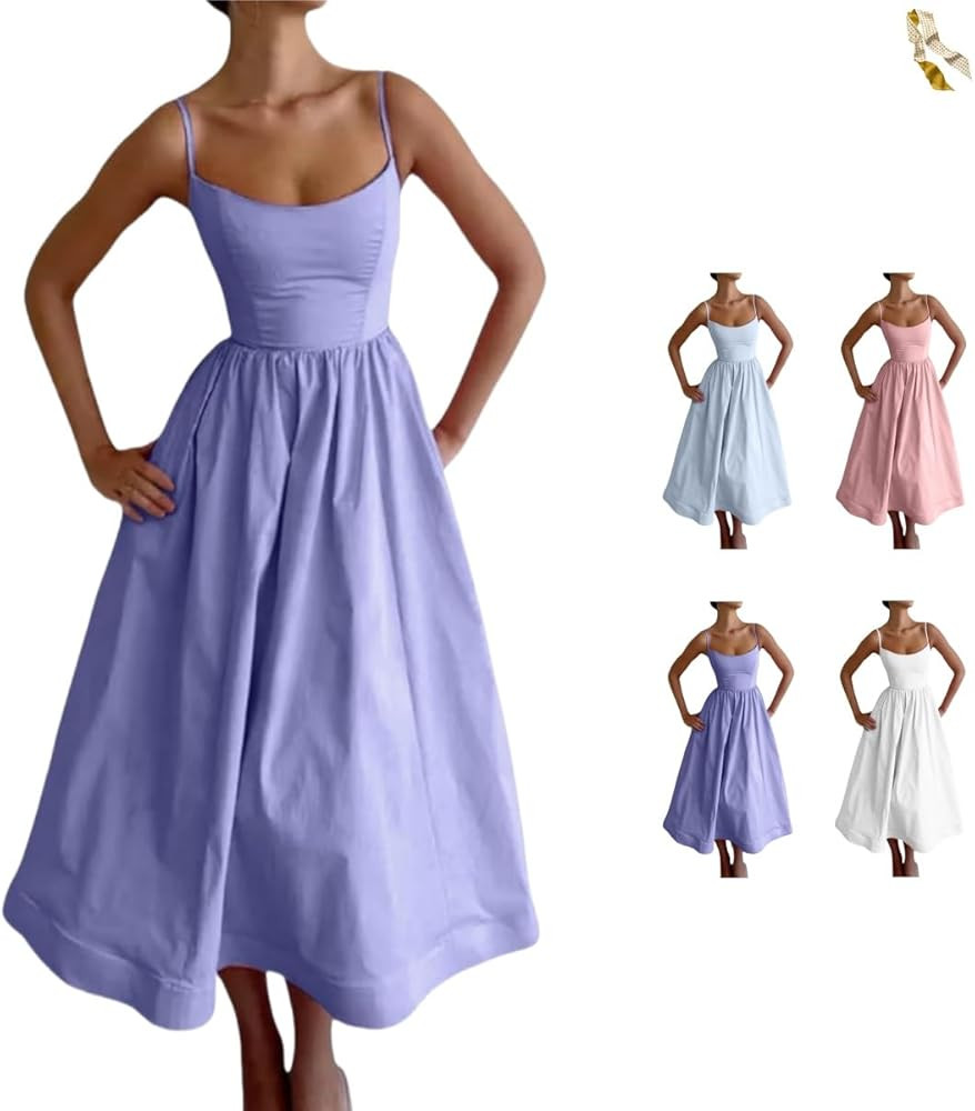 Sexy U Neck Backless Tunic Swing Sundress,Women's Sleeveless Sling Long Dresses,Low Cut Solid Cas... | Amazon (US)