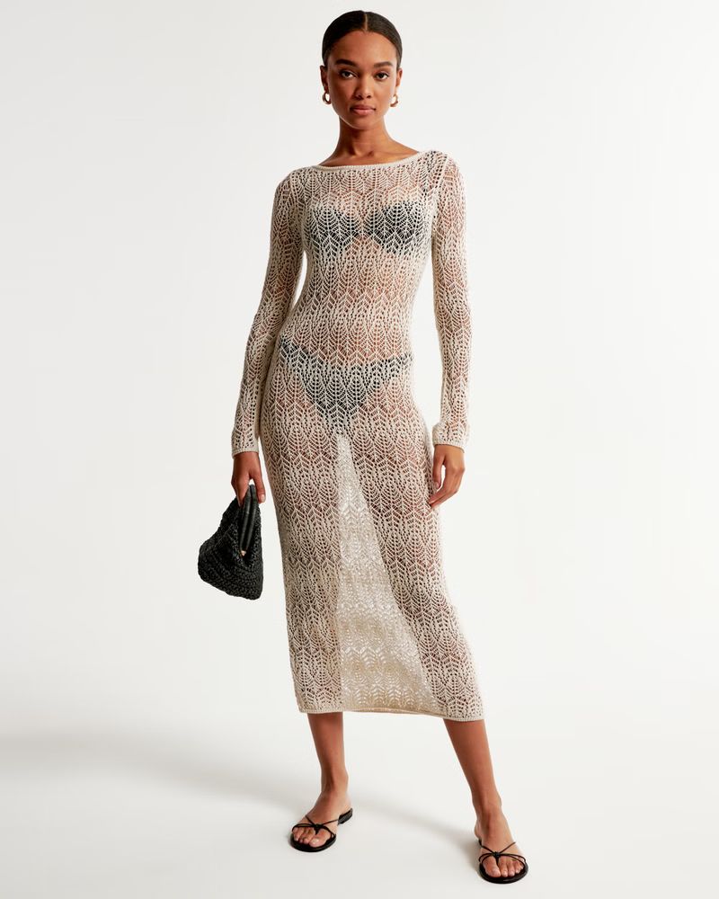 Women's Long-Sleeve Crochet-Style Maxi Dress Coverup | Women's Swimwear | Abercrombie.com | Abercrombie & Fitch (US)