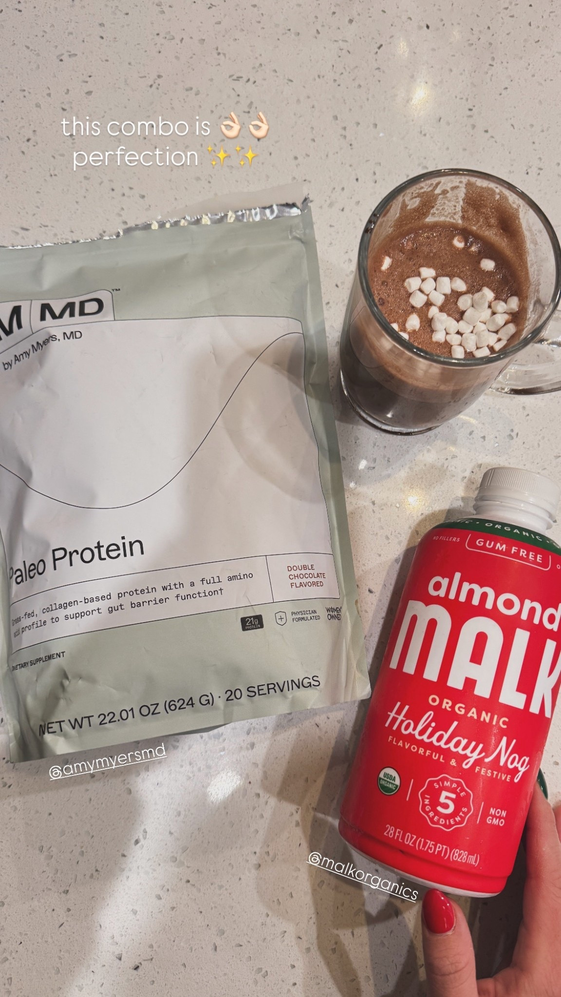 My combo for a delicious holiday protein hot chocolate! Seriously hits the spot for a nightcap. Almond Malk holiday nog + Amy Myers paleo protein in double chocolate. Plus a few mini marshmallows on top! 

#LTKHoliday #LTKselfcare #LTKdayinmylife