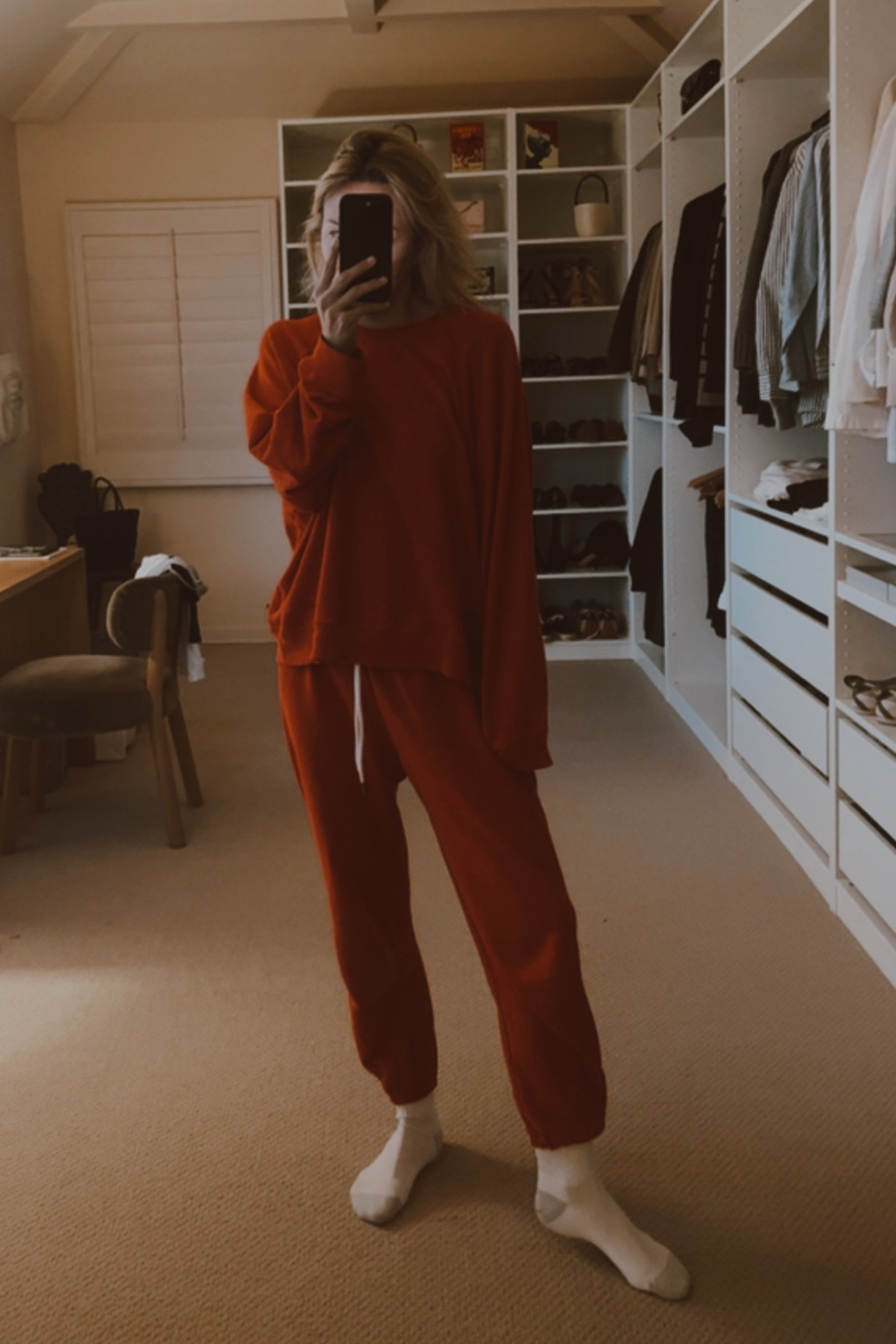 Lounging around this morning in this red set from The Great. 