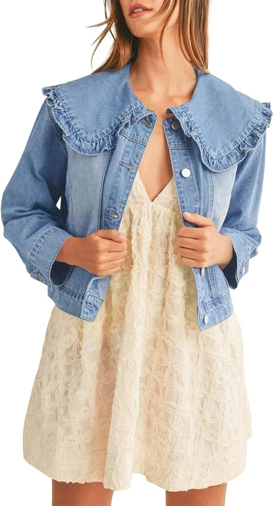 Takaneo Womens Denim Jacket Peter Pan Collar Cute Cropped Long Sleeve Shirts Jean Coat with Pocke... | Amazon (US)