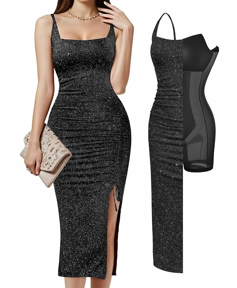 Popilush Sparkly Cocktail Dresses for Women Tummy Control Formal Shapewear Dress Square Neck Ruch... | Amazon (US)