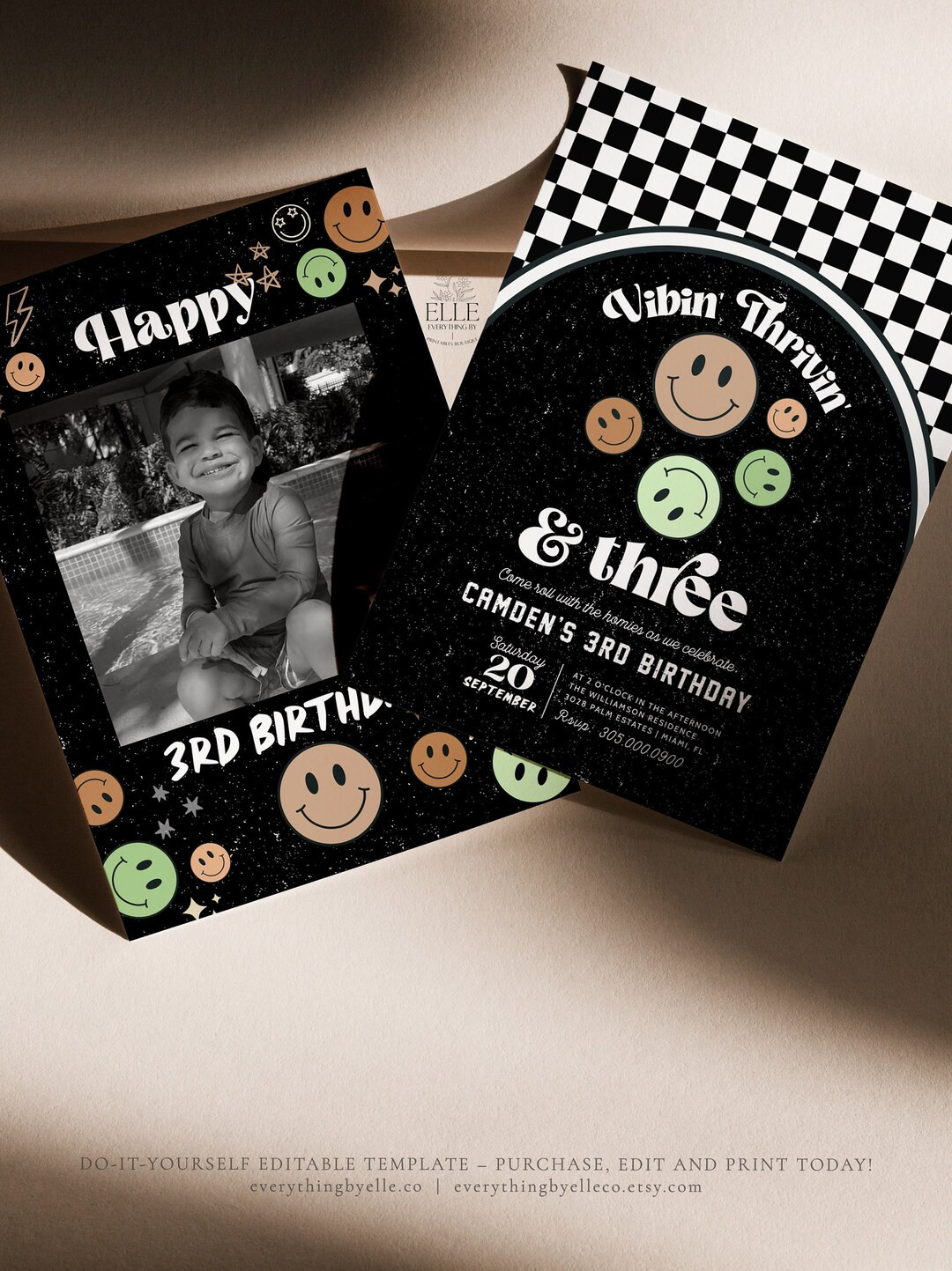 Smiley Face 3rd Birthday Invitation Editable, Vibin Thrivin & Three Invite, Checkered Retro Black... | Etsy (US)
