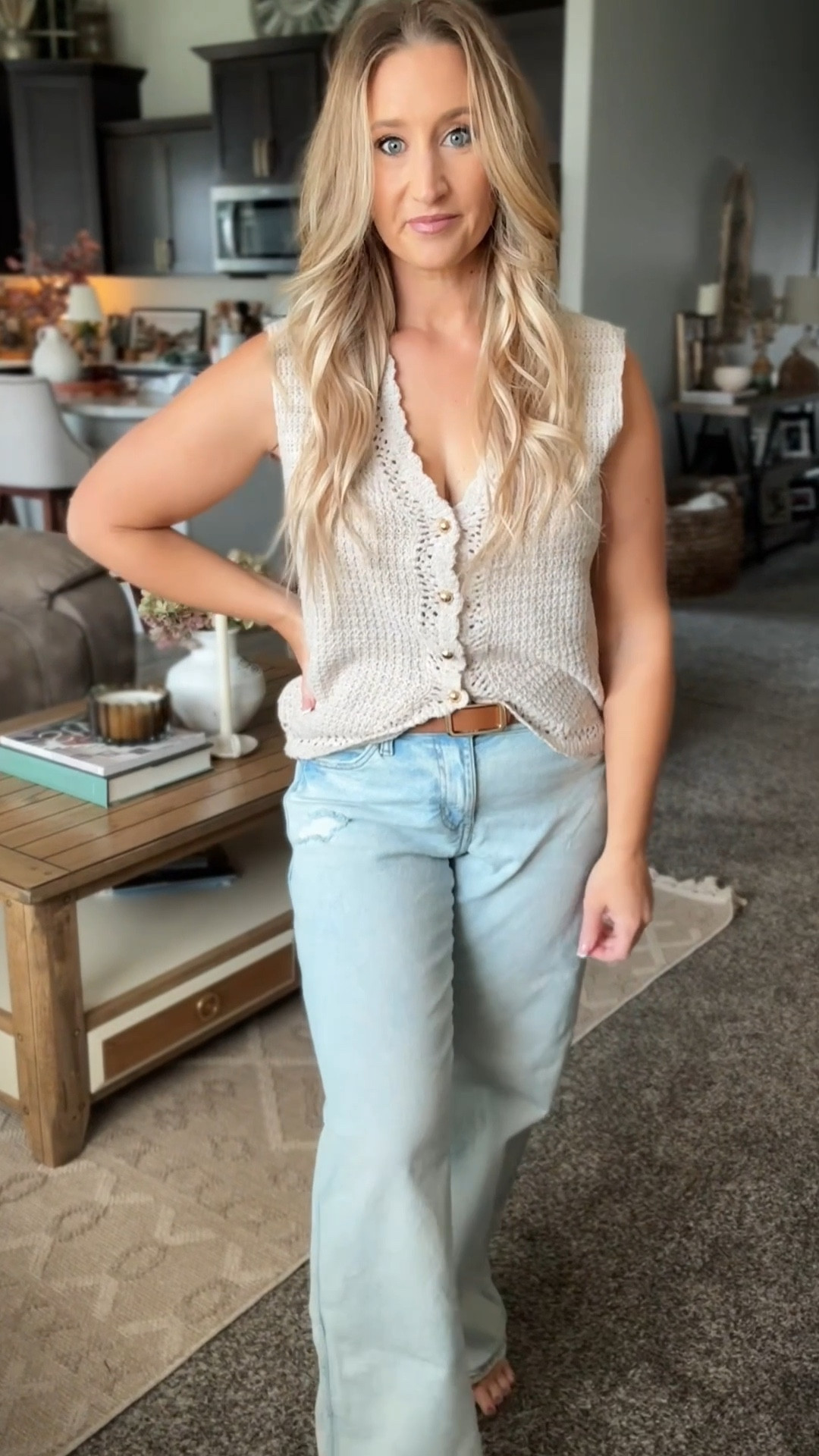 Casual fall outfit inspo 🍂 mid rise wide leg jeans with a crochet vest top, styled with gold jewelry and a brown shoulder bag. #fallstyle #falloutfit #casualstyle

#LTKStyleTip #LTKFindsUnder50 #LTKSeasonal