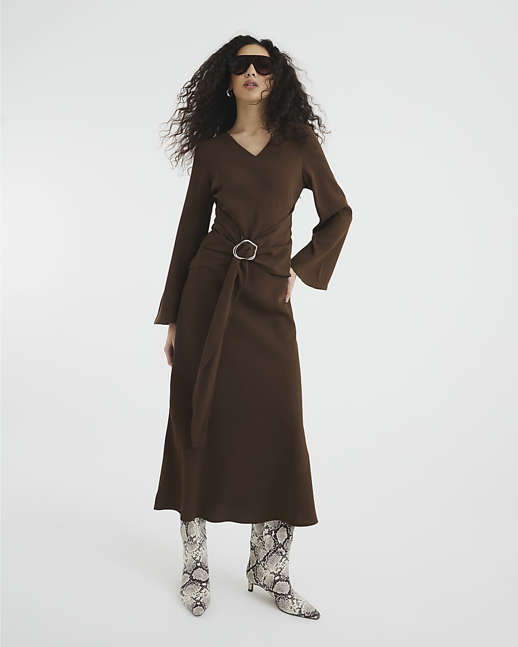 Brown Long Sleeved Tie Waist Midi Dress | River Island UK & IE