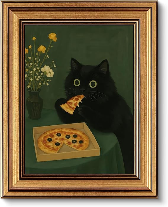 Gold Framed Wall Art, Cute Black Cat Eating Pizza Canvas Prints \u2013 Funny Kitchen Pictures Dec... | Amazon (US)