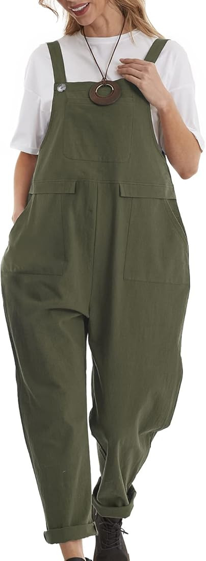 Women Long Casual Loose Bib Pants Overalls Baggy Rompers Jumpsuits with Pockets PV9 | Amazon (US)