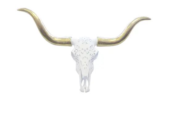 Faux Taxidermy Large Decorative Carved Texas Longhorn - White Skull With Gold Horns Tribal Pattern D | Etsy (US)