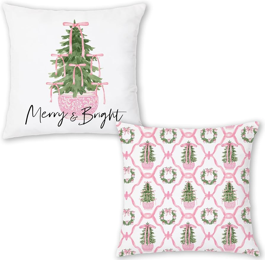 Preppy Pink Chinoiserie Christmas Pillow Covers 18x18, Set of 2 | Amazon (US)
