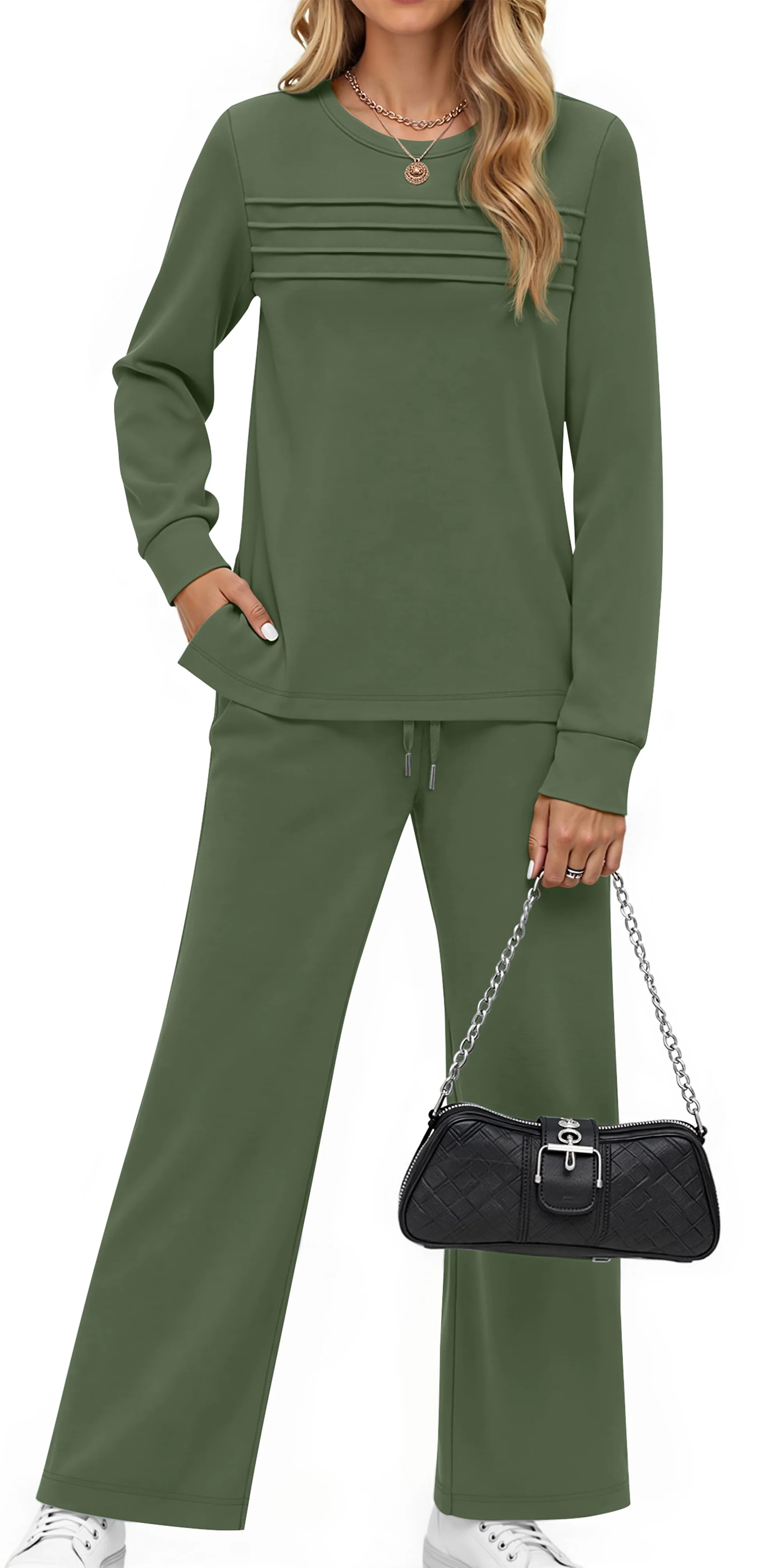 Fantaslook Two Piece Sets for Women Fall Travel Vacation Outfits Pleated Long Sleeve Lounge Sets ... | Walmart (US)