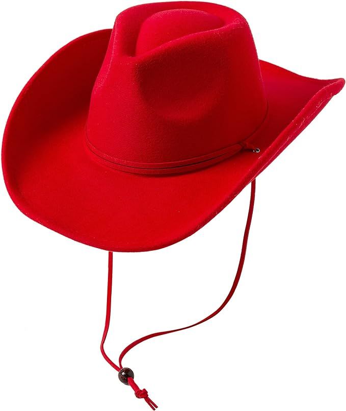 Lanzom Women Men Retro Felt Wide Brim Western Cowboy Cowgirl Hat Dress Up Hat with Wind Lanyard | Amazon (US)