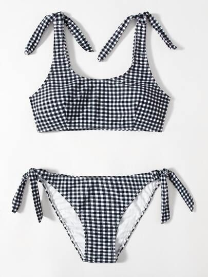 Gingham Self Tie Bikini Swimsuit | SHEIN