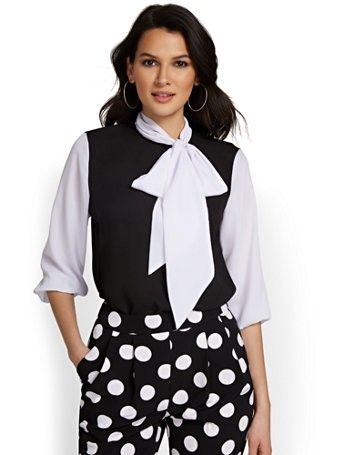 Two-Tone Contrast Bow-Front Blouse - New York & Company | New York & Company