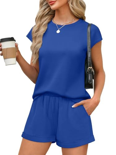 WIHOLL Two Piece Sets for Women Oversized T Shirts High Waisted Shorts Jogger Sets Spring Break Fashion Resort Wear Summer Travel Vacation Outfits Blue 2XL | Amazon (US)