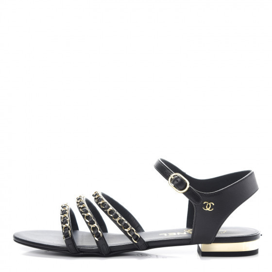 CHANEL Lambskin CC Chain Sandals 37.5 Black | Fashionphile