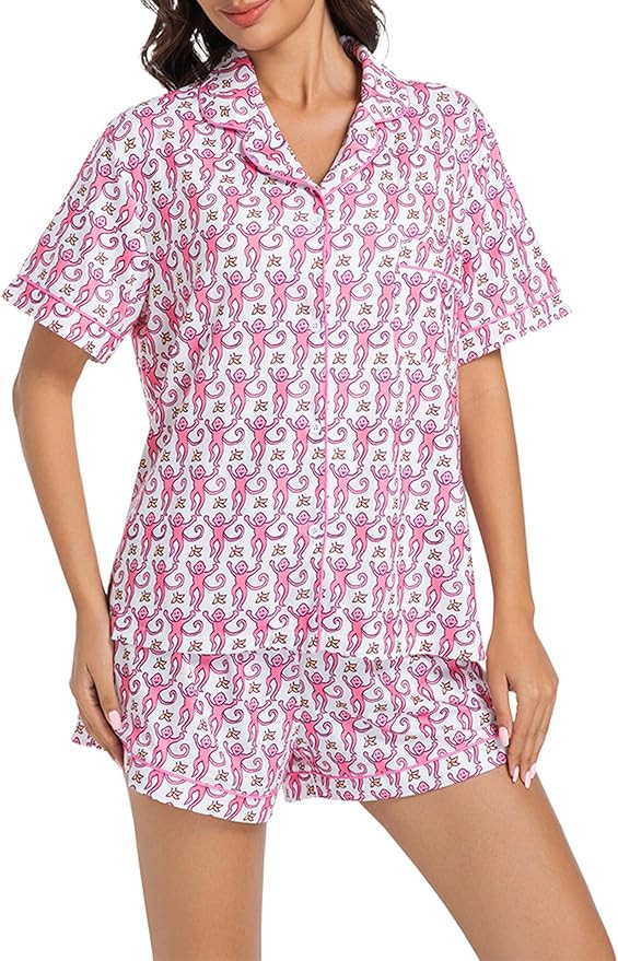 2 Piece Preppy Pajamas Button Down Y2k Print Monkey Pajamas for Women Cute Beach Shorts Set pjs L... | Amazon (US)