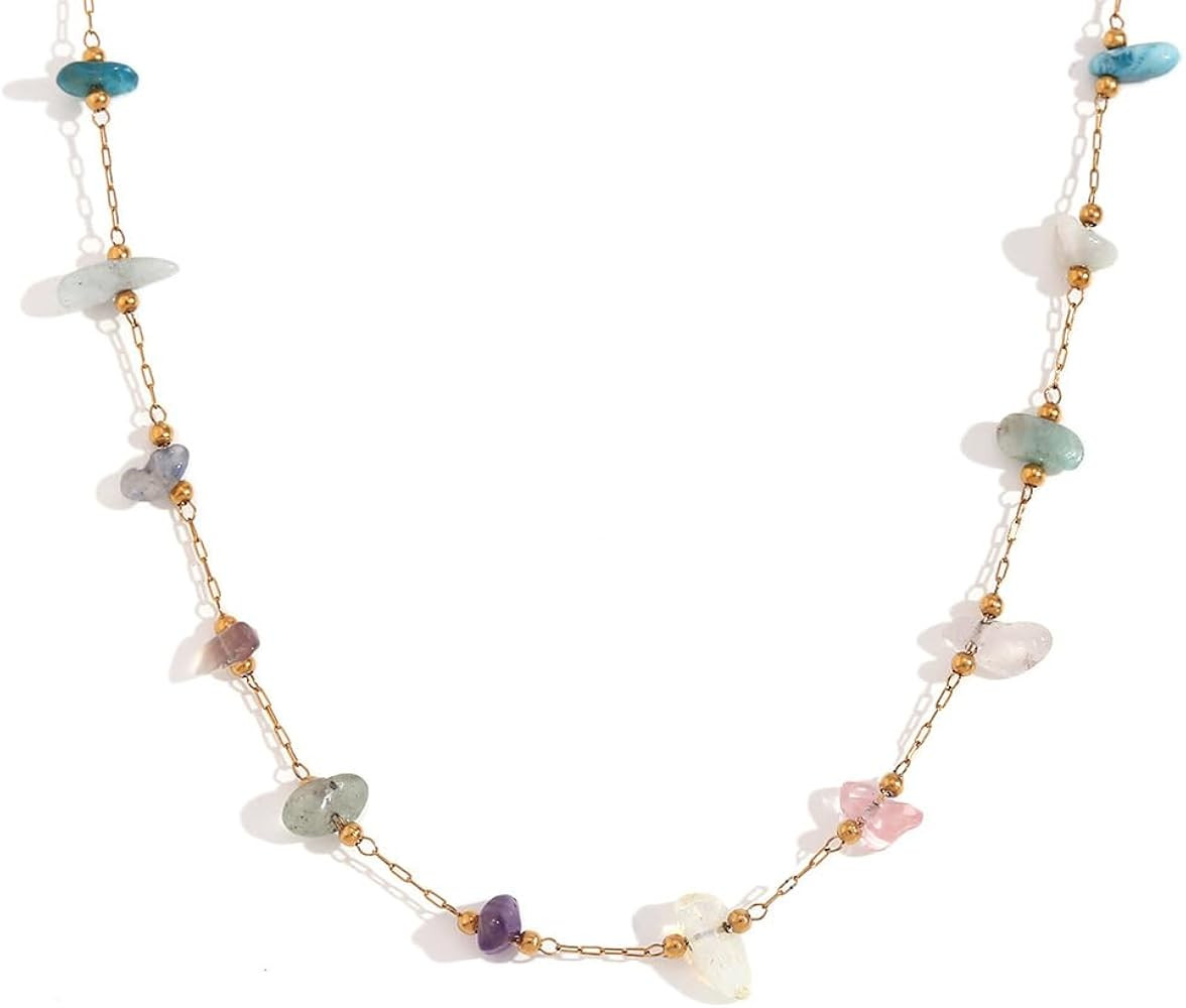 Colorful Natural Stone Stainless Steel Choker Necklace for Women Irregular Gemstone 18k Golden Pl... | Amazon (US)