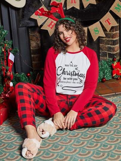 SHEIN Plus Gingham & Christmas Print PJ Set | SHEIN