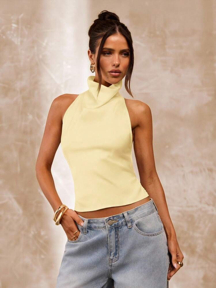 SHEIN BAE Apricot Color Backless Draped Neck Women's Tank Top, Sexy & Elegant Camisole For Spring... | SHEIN