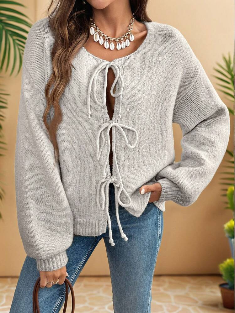 SHEIN Frenchy Ladies' Oversized Solid Color Knotted Long Sleeve Cardigan, Commute, Minimalist, Of... | SHEIN