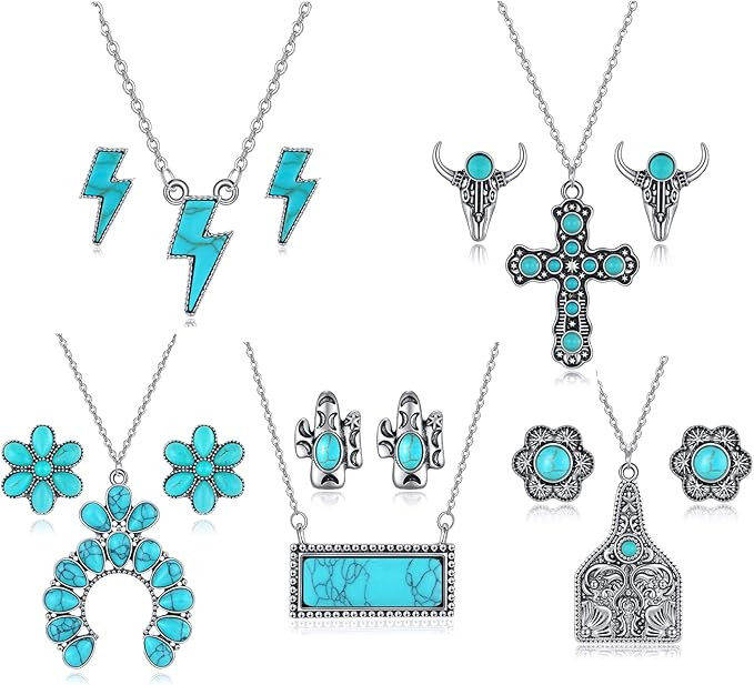 Western Turquoise Jewelry Set Turquoise Cow Tag Horseshoe Necklace Turquoise Stud Earrings Bohemi... | Amazon (US)
