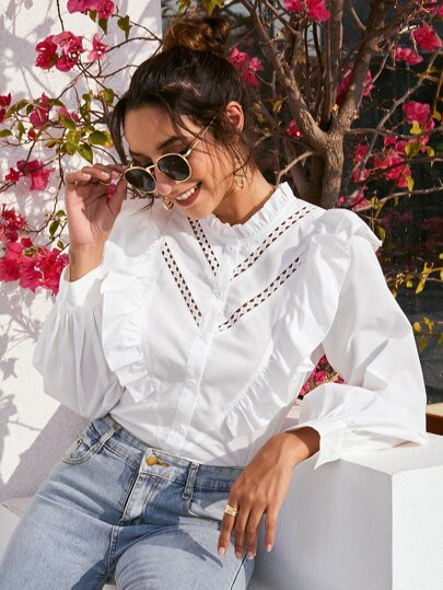Frill Neck Ruffle Trim Button Up Blouse | SHEIN