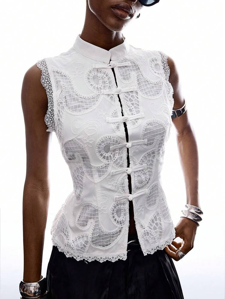 LYSMO Women's White Elegant Summer Contrast Lace Mandarin Collar Fitted Tank Top, Minimalism Holi... | SHEIN