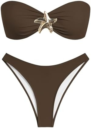 ZAFUL Womens Bandeau Bikini Set Metallic Sparkly O Ring Lace Up Tie Side High Cut Tanga Sexy Bath... | Amazon (US)