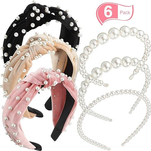 6 Pieces Pearl Headbands Velvet Wide Pearl Hair Bands Knot Turban Headband Bridal Hair Hoop Vinta... | Amazon (US)