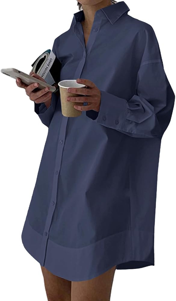 LYANER Women's Casual Shirt Dress Collar V Neck Button Down Loose Long Sleeve Mini Dresses | Amazon (US)