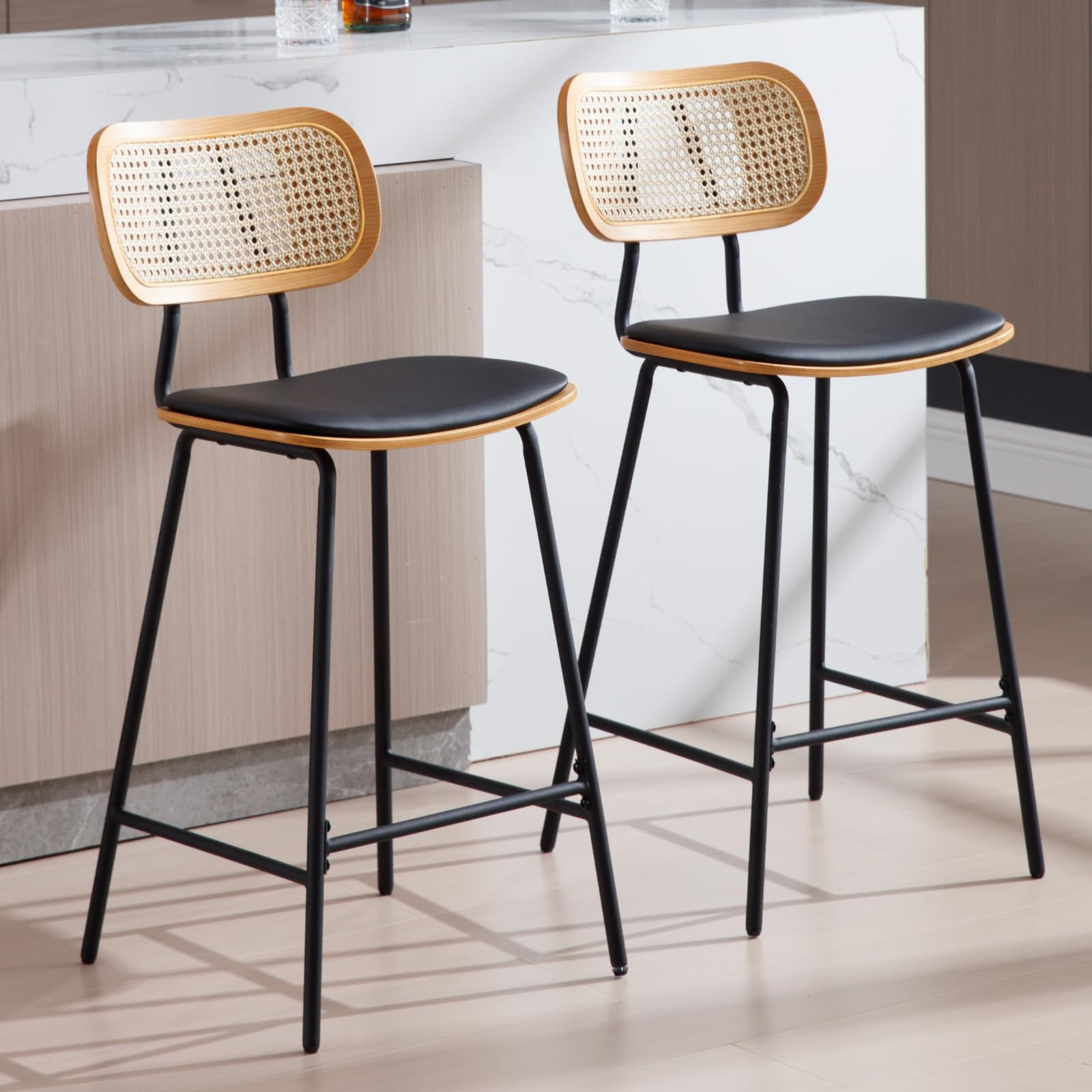 Mid-Century Bar Stools Set of 2, 26 Inch PU Leather Barstools with Metal Legs Open Rattan Backres... | Amazon (US)