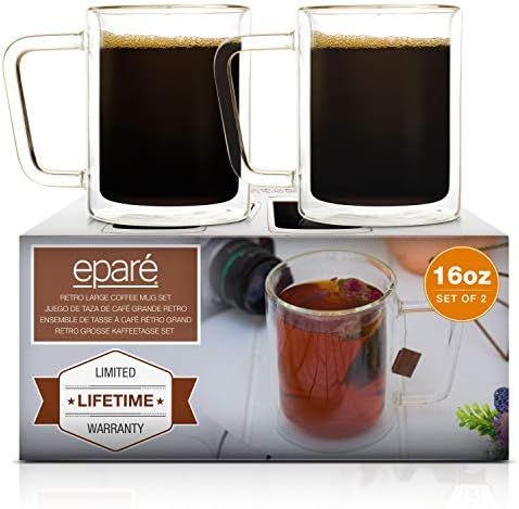 16 oz Glass Coffee Mugs Set of 2 - Clear Double Wall Glasses - Insulated Glassware With Handle - ... | Amazon (US)
