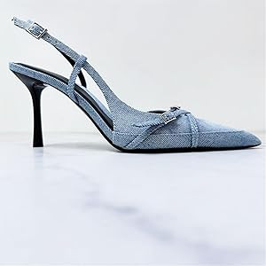 Women's Denim Heeled Mules Pointed Toe Kitten Heels Sandals | Amazon (US)