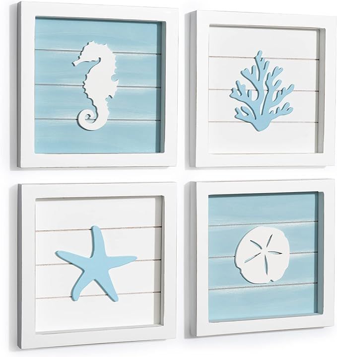 TideAndTales Ocean Theme Beach Wall Decor (Framed Set of 4) Coastal 3D Wall Art with Starfish, Se... | Amazon (US)