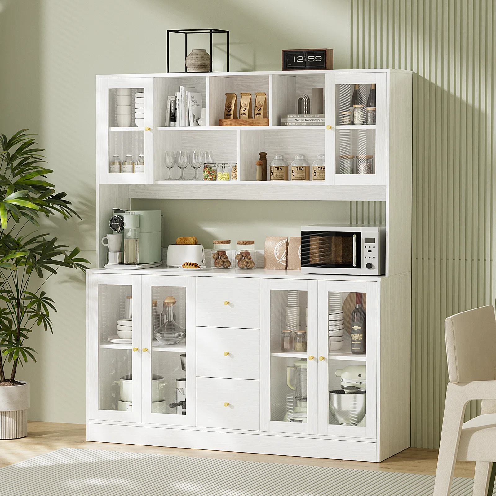 Large Kitchen Hutch Cabinet, Storage Cupboard Pantry With 4 Glass Doors, 4 Drawers & Microwave Sh... | Wayfair North America