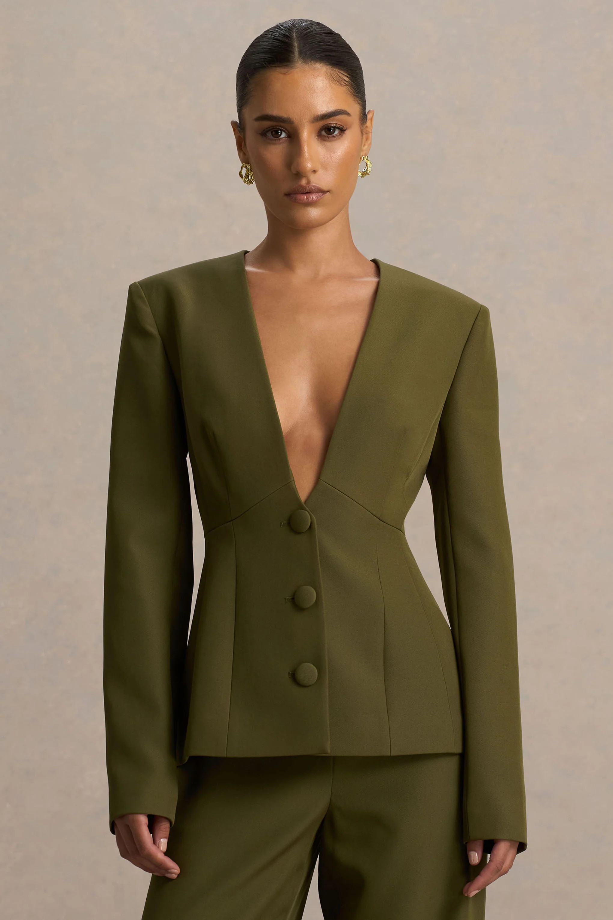 Rosalina | Olive Extreme-Plunge Neck Tailored Blazer | Club L London