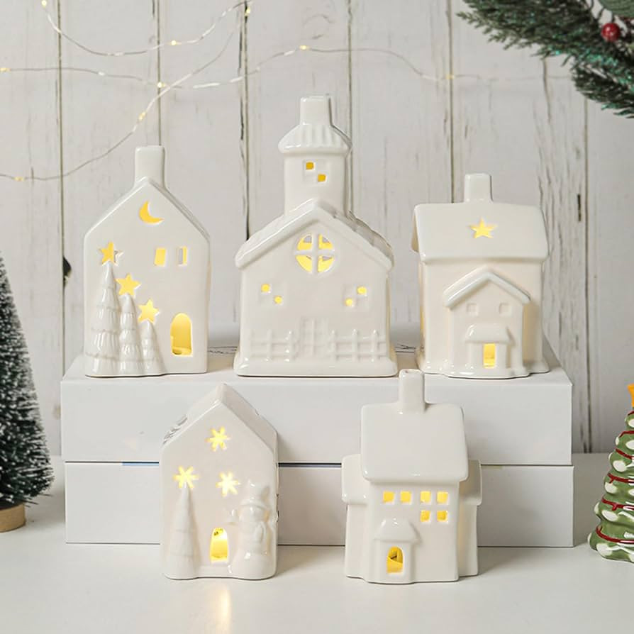 Porcelain Christmas Village Sets, Lighted White Ceramic Houses with Remote Control LED Tealights,... | Amazon (US)