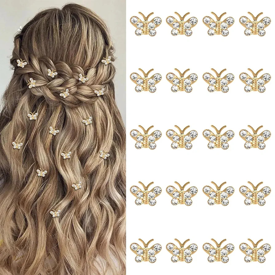 YISSION 20 Pcs Mini Rhinestone Butterfly Hair Clips Cute Gold Hair Pins Small Decorative Hair Clips Wedding Hair Barrettes Bridal Hair Accessories for Girls Women | Amazon (US)