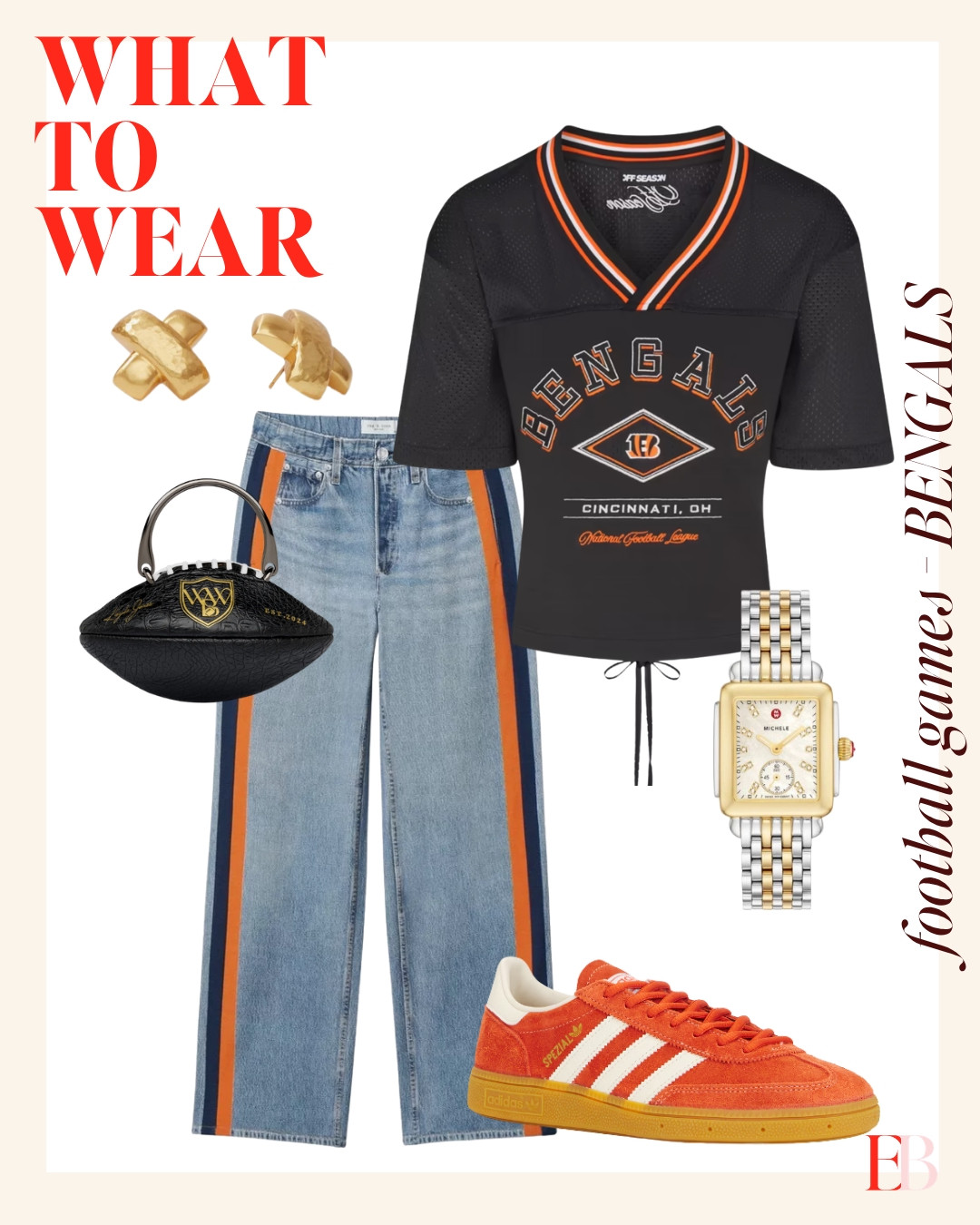 Orange sneakers and striped denim match the jersey without looking matchy. That's the whole trick. 

 #bengals #football #nfl #gameday #LTKootd