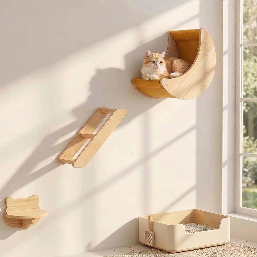 Cat Wall Shelves Set \u2013 Solid Wood Cat Wall Furniture with Moon Bed & Ladder, Wall Mounted Cl... | Amazon (US)