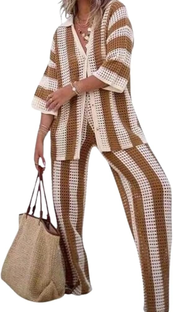 Aesthetic 2 Piece Sets for Women Crochet Sets Two Piece Women Crochet Sweater Vacation Outfits | Amazon (US)