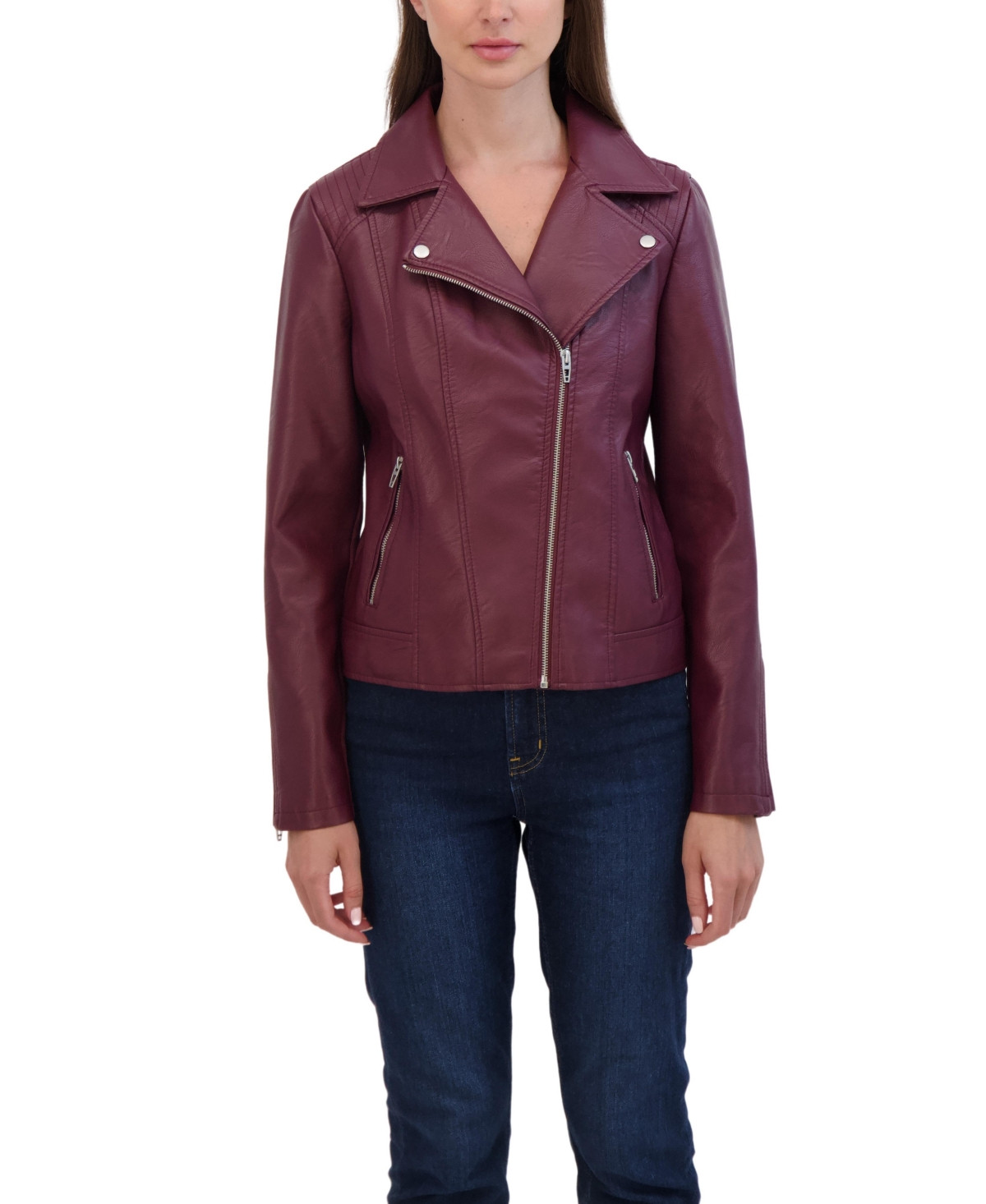 Sebby Collection Women's Faux Leather Biker Jacket - Burgundy | Macy's