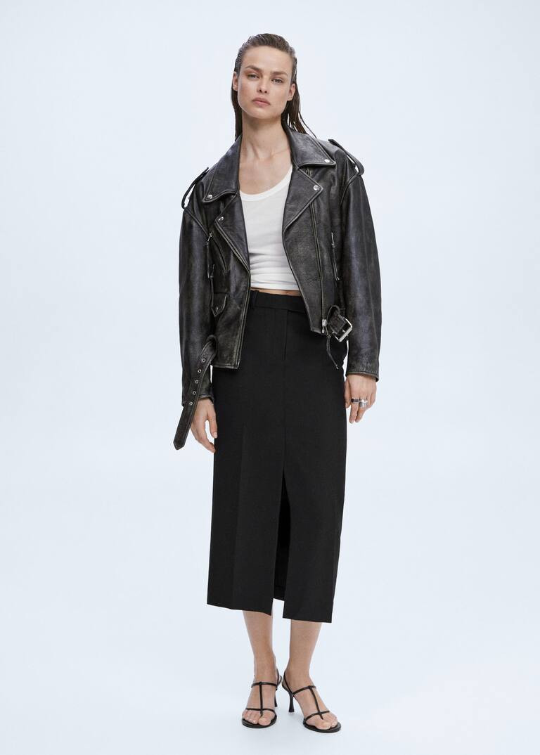 Leather biker oversize jacket -  Women | Mango United Kingdom | MANGO (UK)