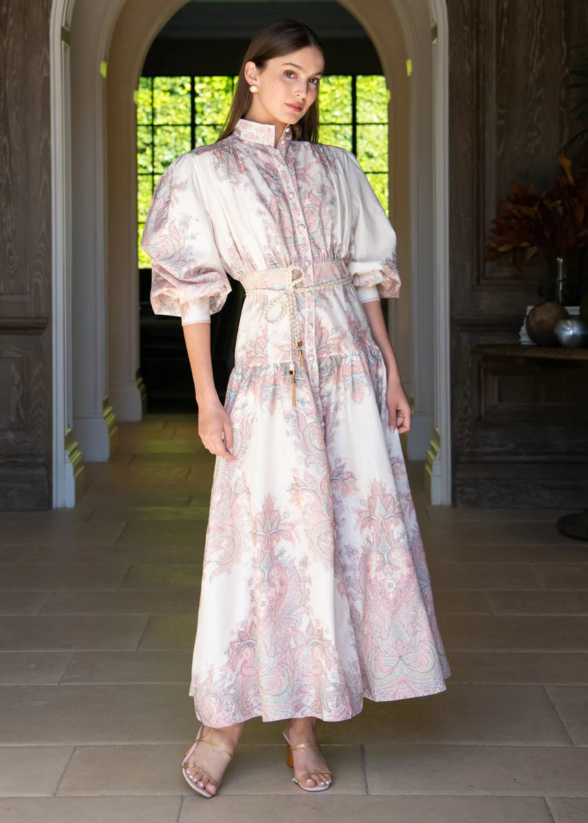 Padma Printed Long Sleeve Drop Waist Belted Maxi Dress | Benaar La