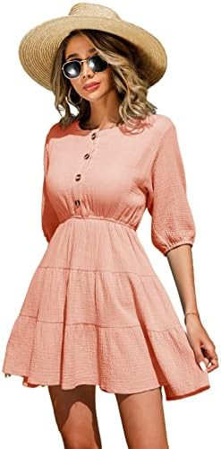 R.Vivimos Women's Summer Linen Puff Sleeves Casual Button Up A-Line Casual Skater Mini Dresses | Amazon (US)