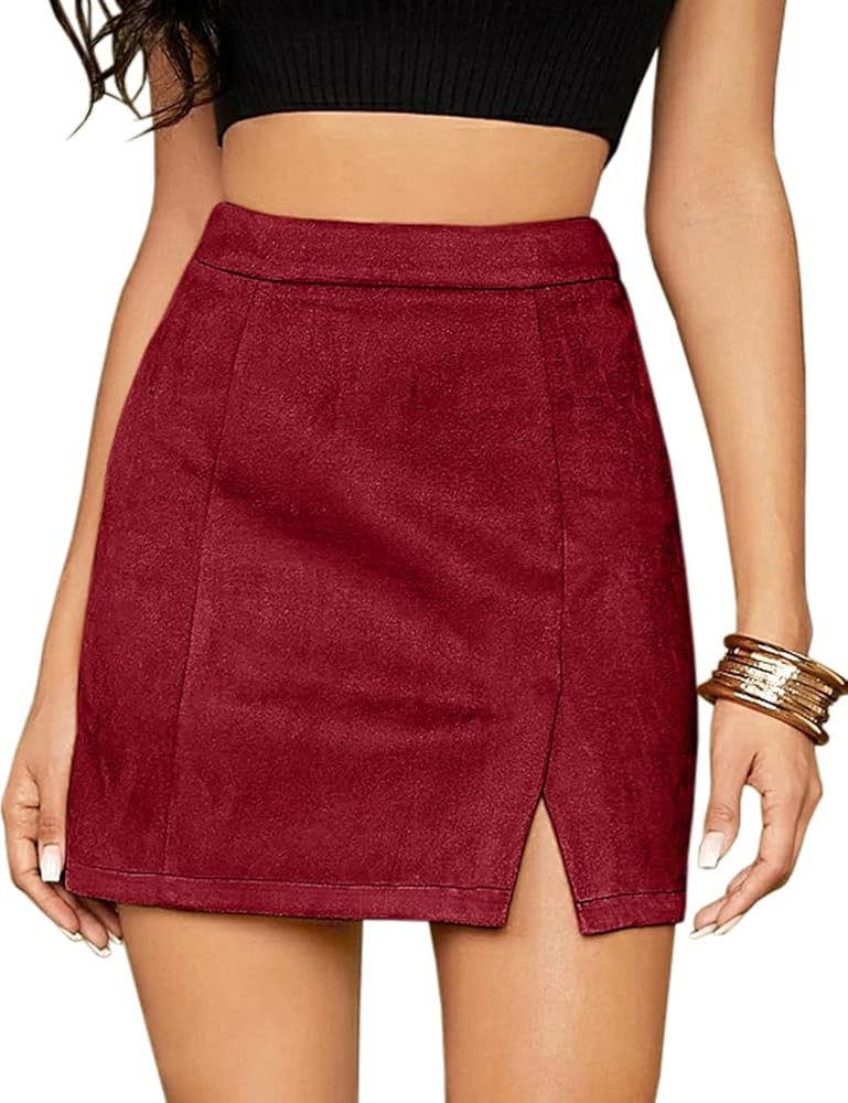 ioiom Women's Faux Suede High Waist A-line Split Mini Skirt | Amazon (US)
