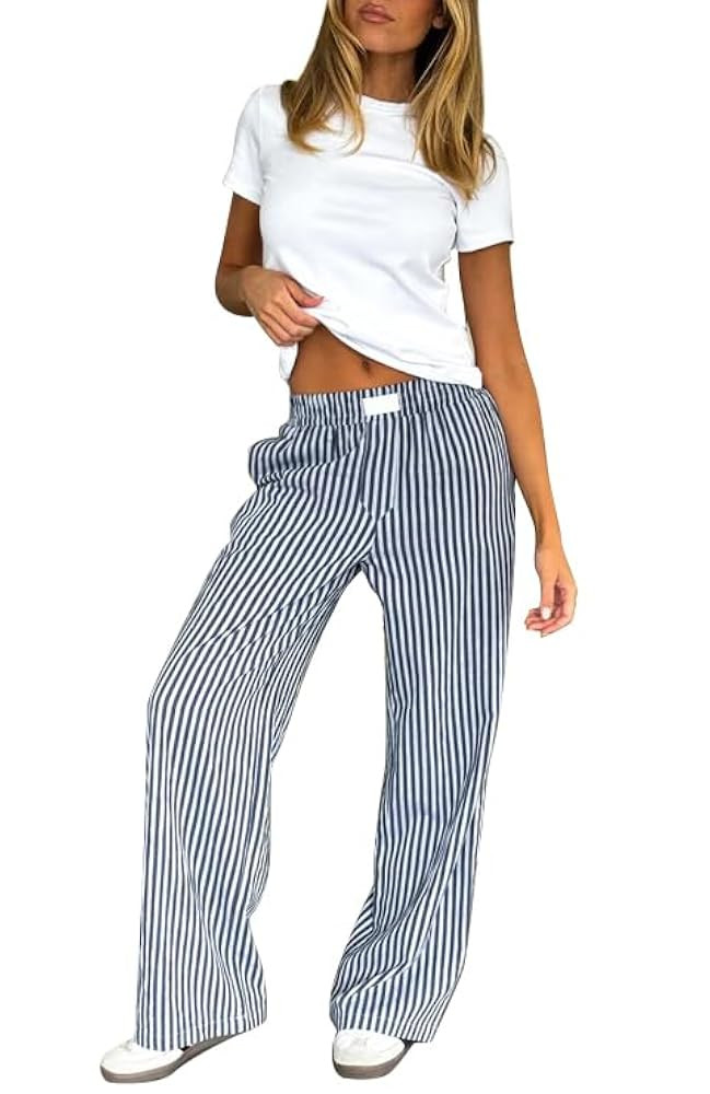 Striped Pants for Women Causal Wide Leg Elastic Waist Loose Pants Straight Leg Lounge Pants Trous... | Amazon (US)