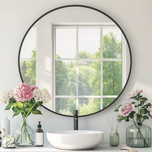Black Round Mirror, Black Round Mirror 30 inch, Metal Frame, Circle Wall Mounted Mirrors for Bath... | Amazon (US)