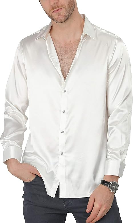 VICALLED Men's Satin Luxury Dress Shirt Slim Fit Silk Casual Dance Party Long Sleeve Fitted Wrinkle  | Amazon (US)